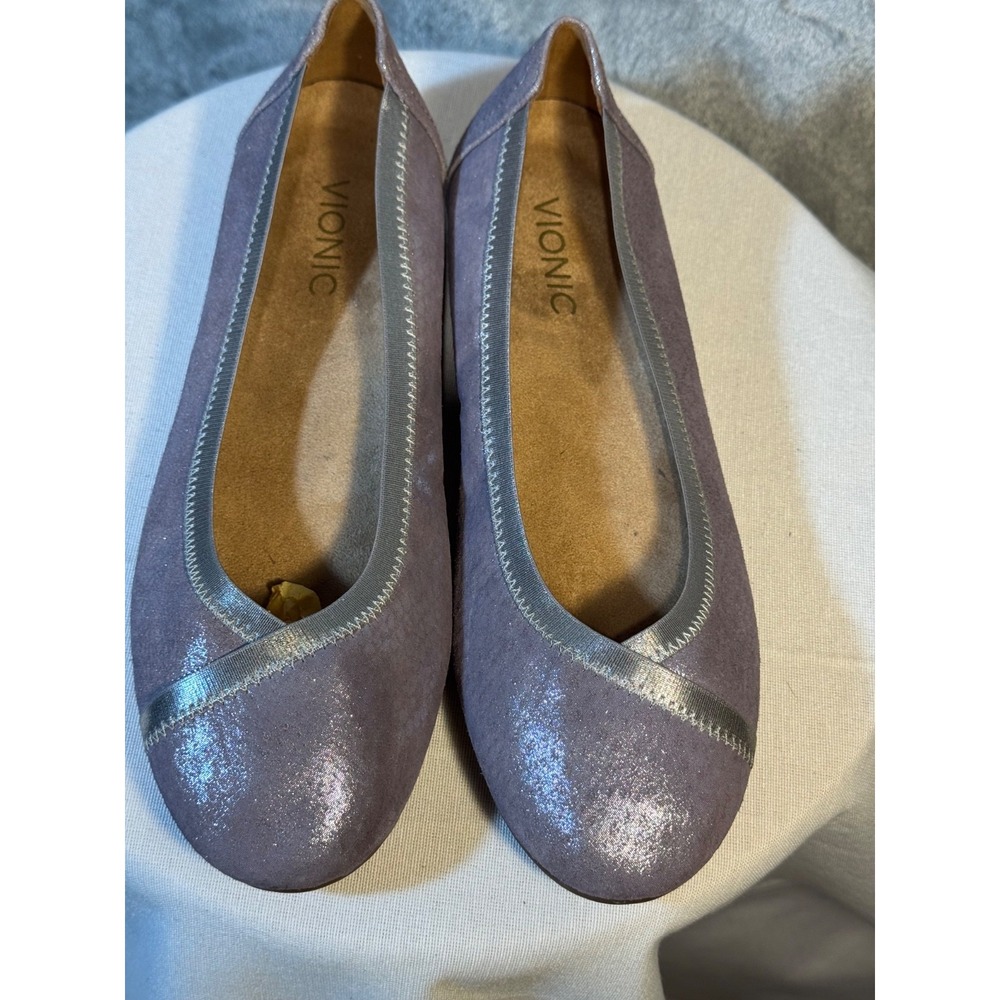 Vionic CAROLL Flats Silver Gray Sz 8 EU 39 Metallic Leather Comfort